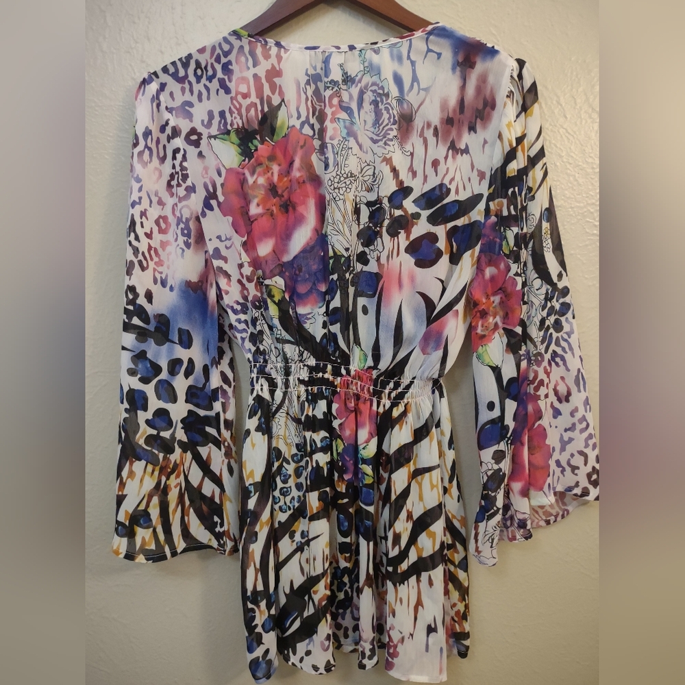 Boston Proper Mixed Print Beaded V-Neck Tunic Top - Size L - Boho Animal Floral - Picture 11 of 14